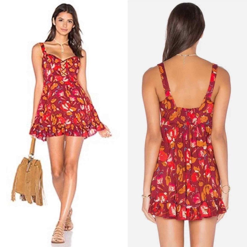 Free‎ People Lattice Lovers Slip Dress in Red Combo
